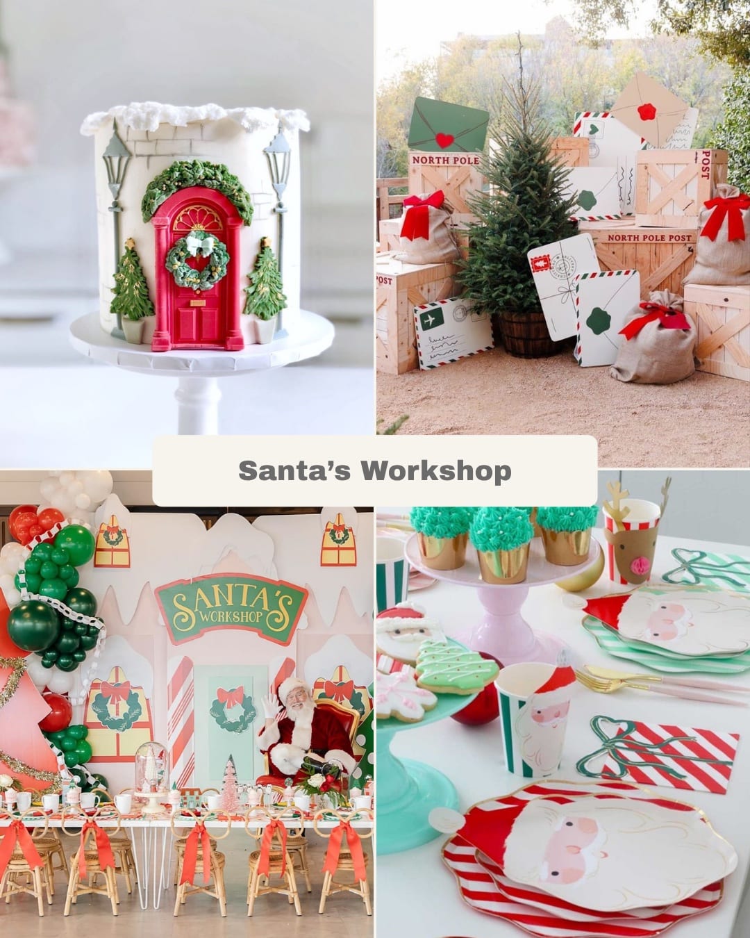 A Santa’s Workshop kids table styled for a holiday party